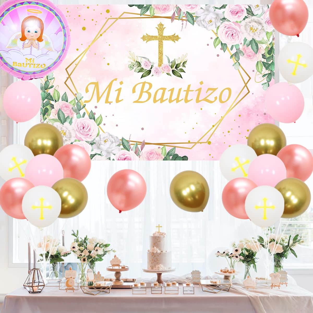 Mi Bautizo Party Decorations Pink White Balloon Garland Kit for Girls Mi Bautizo with Backdrop First Communion Confirmation Baptism Party Decorations for Bautizo Baby Shower Party