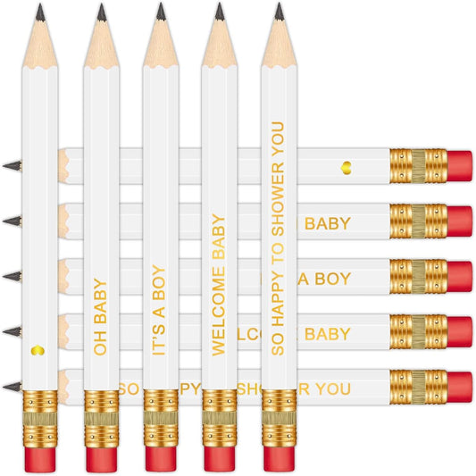 50 Count – Baby Shower Sharpened Half Pencils with Erasers, Pre-Sharpened, 4 Inch for Baby Showers (Boys – White)