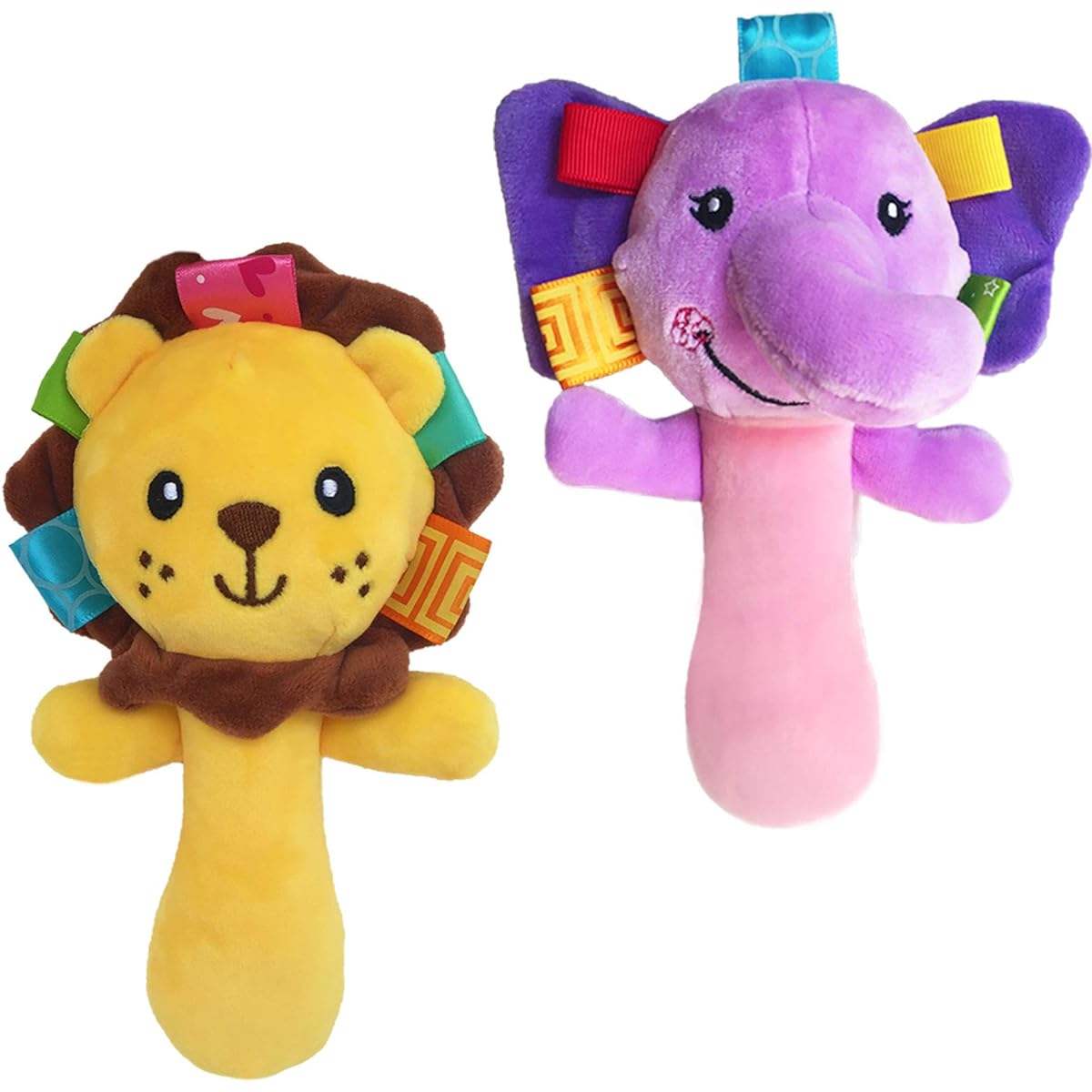 Cartoon Stuffed Animal Baby Soft Plush Hand Rattle Squeaker Sticks for Toddlers - Elephant and Lion