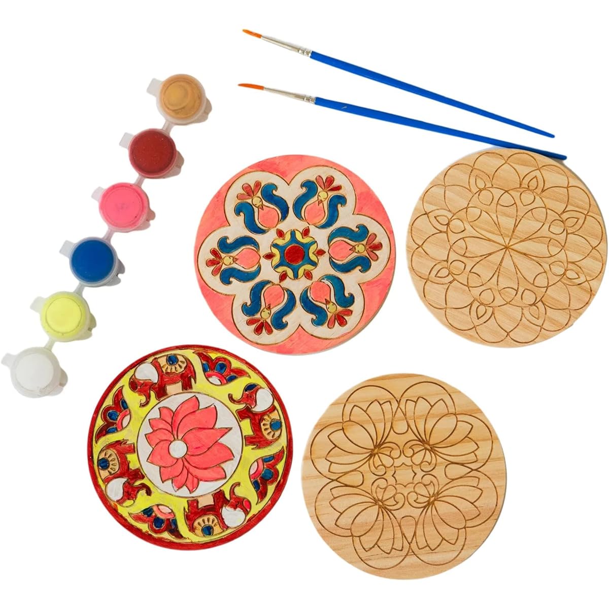 Make Your Own Rangoli Coaster Kit - 4 Wooden Coasters + Paint + Brush | Perfect for Diwali Gifts, Activities, Parties and Decorations