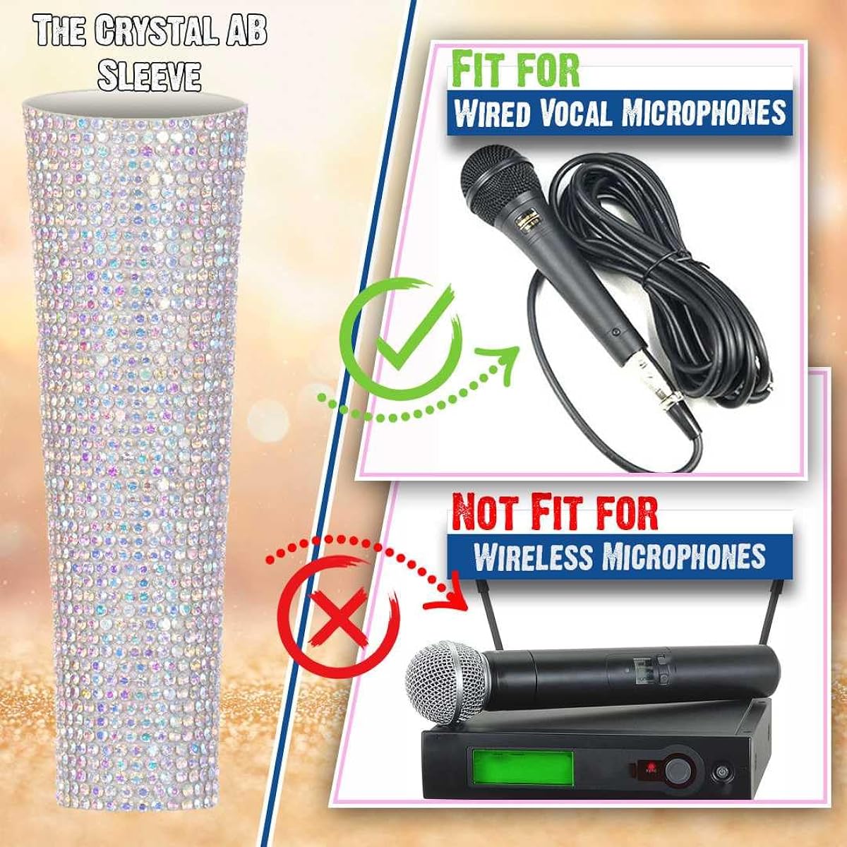RhymKawa B58 AB Mixing Color Microphone Handle Sleeve Compatible with Shure Wired Microphone SM58LC Beta 58a Cover Replacement with Rhinestones Shining on Tour and TV Shows