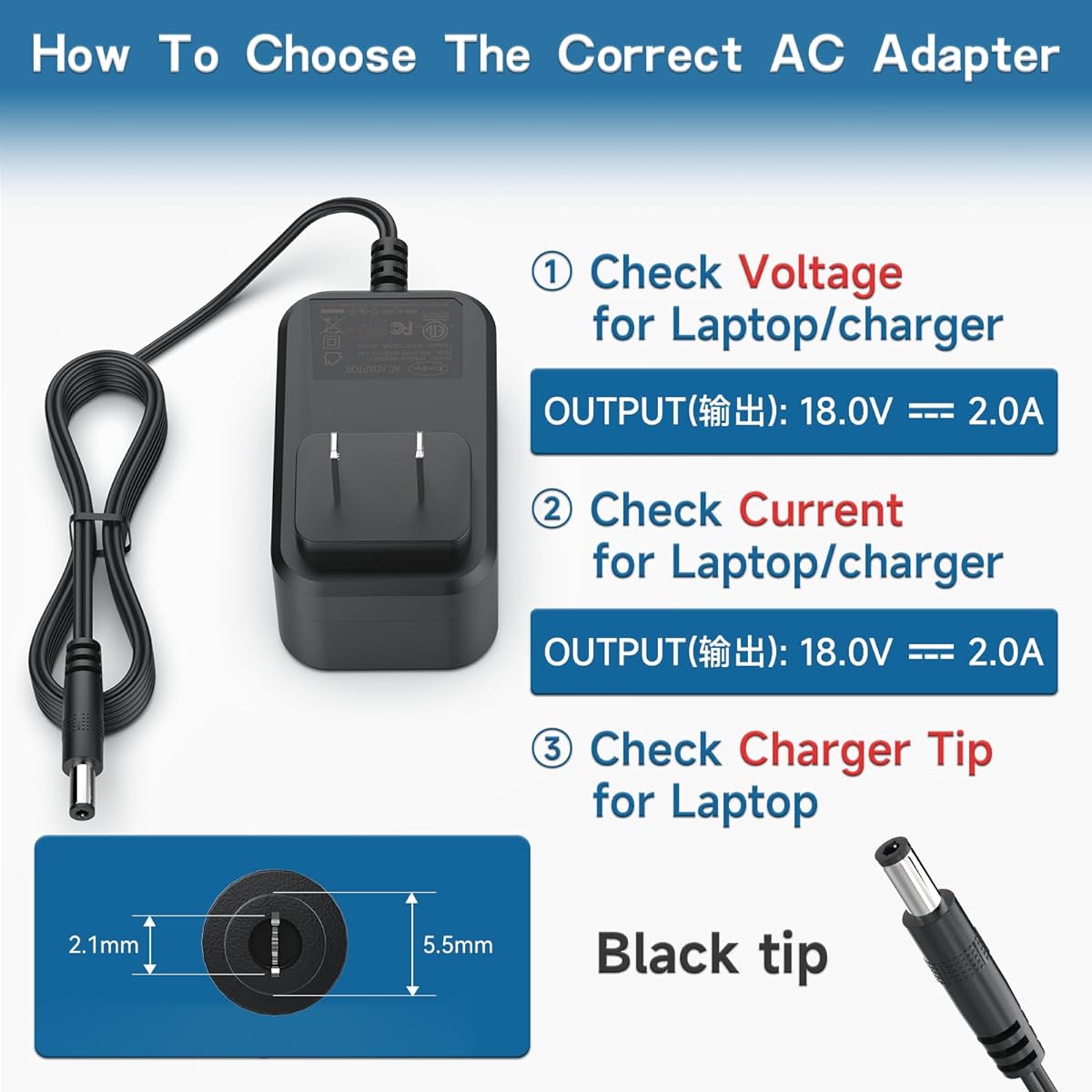 100V-240V AC to DC 18V 2A 1A 36W Power Adapter [18 Volt 2 Amp Center Positive 6 Feet Cord] Wall Charger Plug 5.5 x 2.1mm for 18 Volt 100mA ~ 2000mA Devices