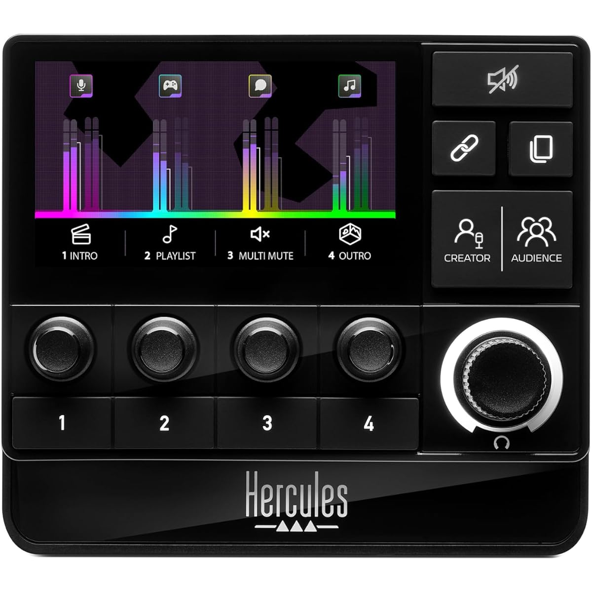HERCULES Stream 200 XLR Pro Audio Mixer for Advanced Content Creators XLR Microphone Preamps LCD Screen High Resolution Encoder 4 Action Buttons Customizable Interface PC Compatible