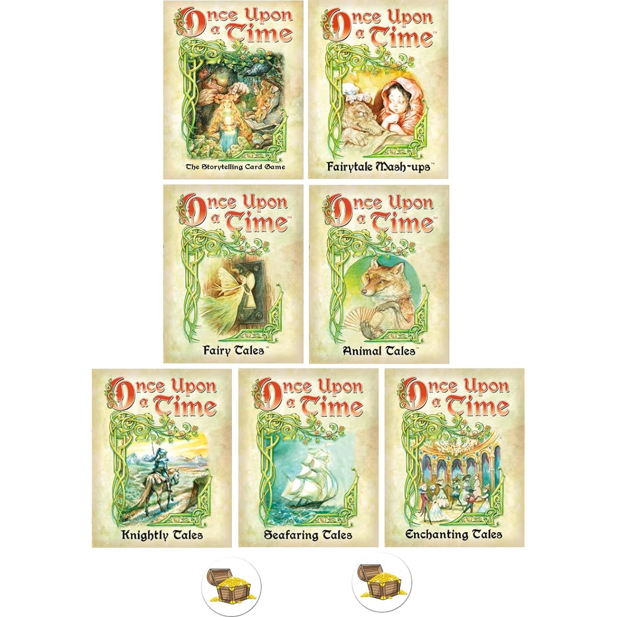 Once Upon A Time Card Game Bundle Base Game with 6 Expansions and 2 Treasure Chest Buttons