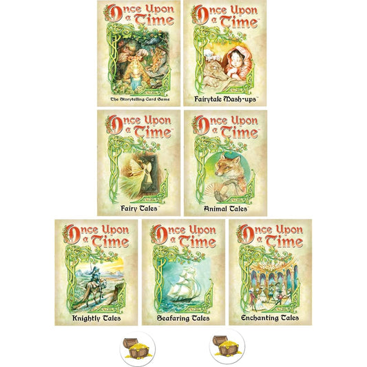 Once Upon A Time Card Game Bundle Base Game with 6 Expansions and 2 Treasure Chest Buttons