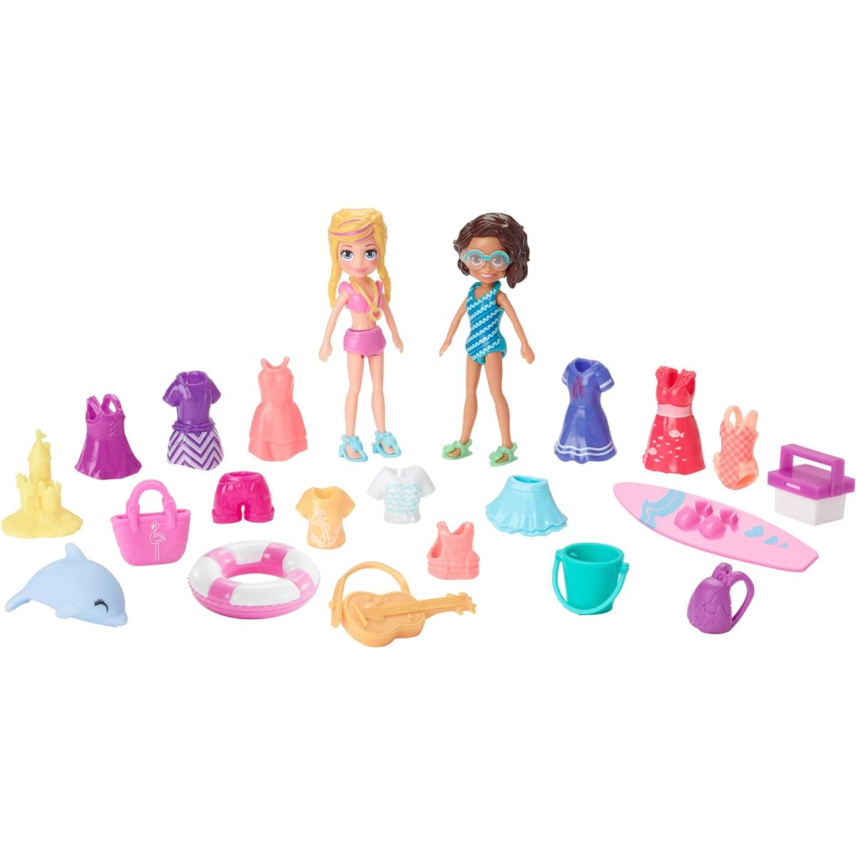 Polly Pocket Sweetie Packet with 2 3" Dolls & 20+ Accessories: Sun 'n' Fun Sport, Fab Bday Party & Chill 'n' Style, Ages 4+