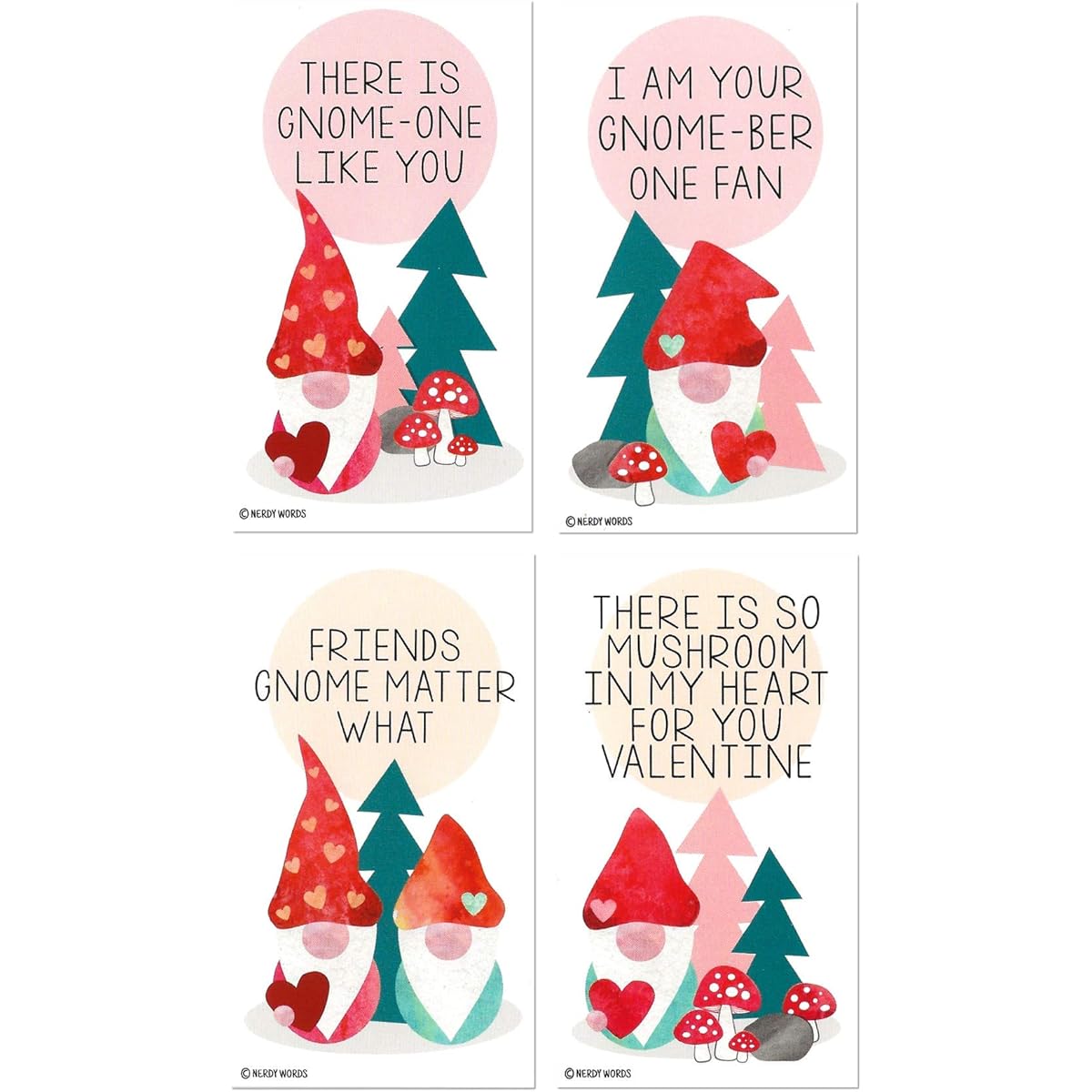 Mini Gnome Valentines (Wallet Sized Cards and Small Envelopes) Valentine's Day Nerdy Words (Set of 32)