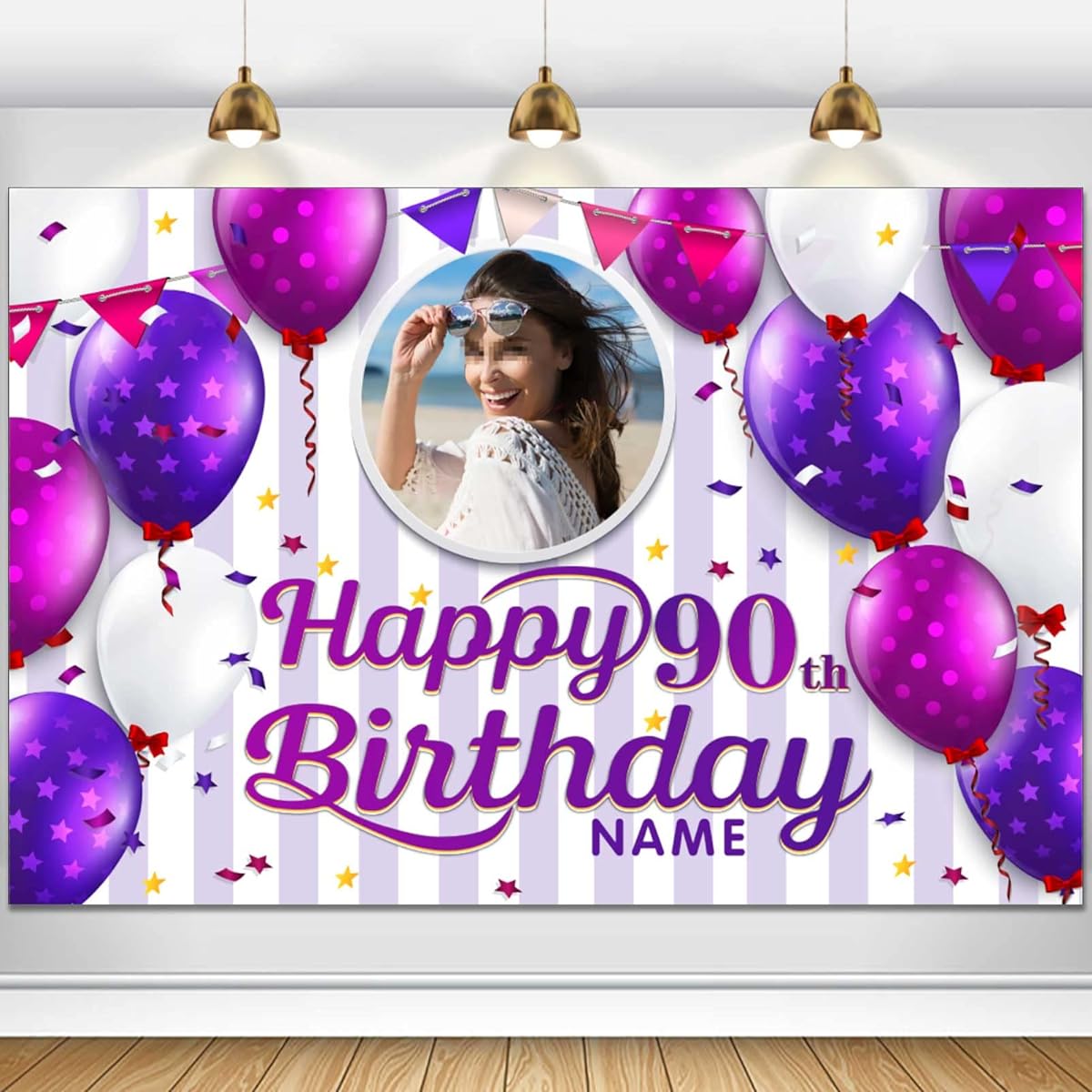 Happy 90th Birthday Decoration Banner - Customizable Purple Large Size - Custom Photo and Name