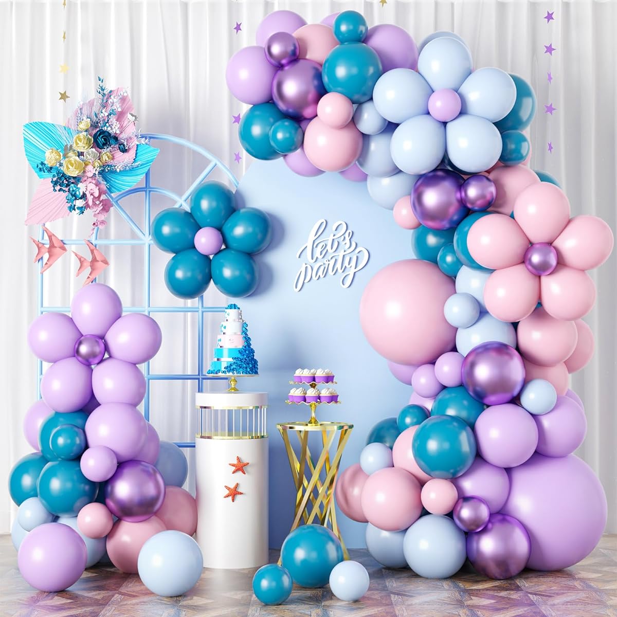 Purple Pink Blue Balloon Garland Flower Balloon Arch Kit Pastel Blue Purple Matte Teal Metallic Purple Balloons for Boys Girls Kids Baby Shower Birthday Wedding Party Decorations