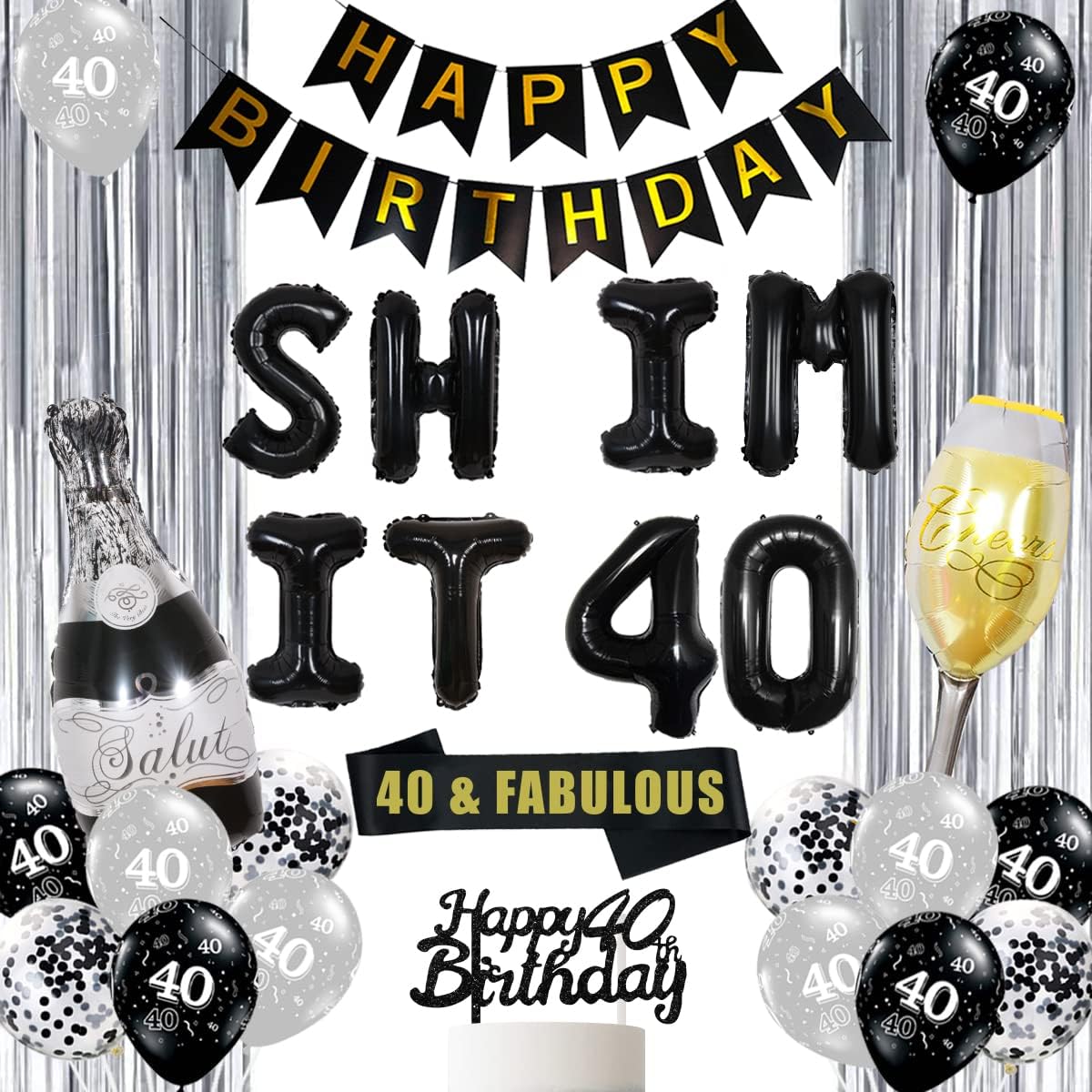 Shit Im 40th Birthday Party Decorations, Black and Silver Balloons, Happy Birthday Banner and Cake Topper, 40th Birthday Sash, Tinsel, Number 40 Foil Balloon for Funny 40th Birthday