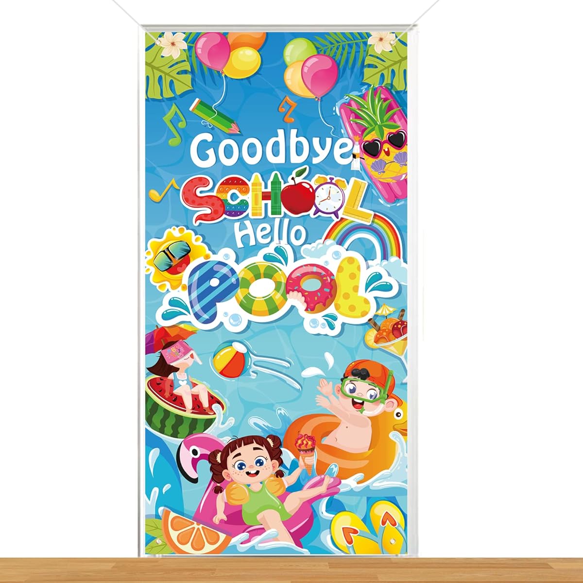 HOWAF Good Bye School Hello Pool Door Banner Summer Vacation Background Banner Kindergarten End of 2023 Party Decoration Supplies Hawaii Hello Summer Party Banner