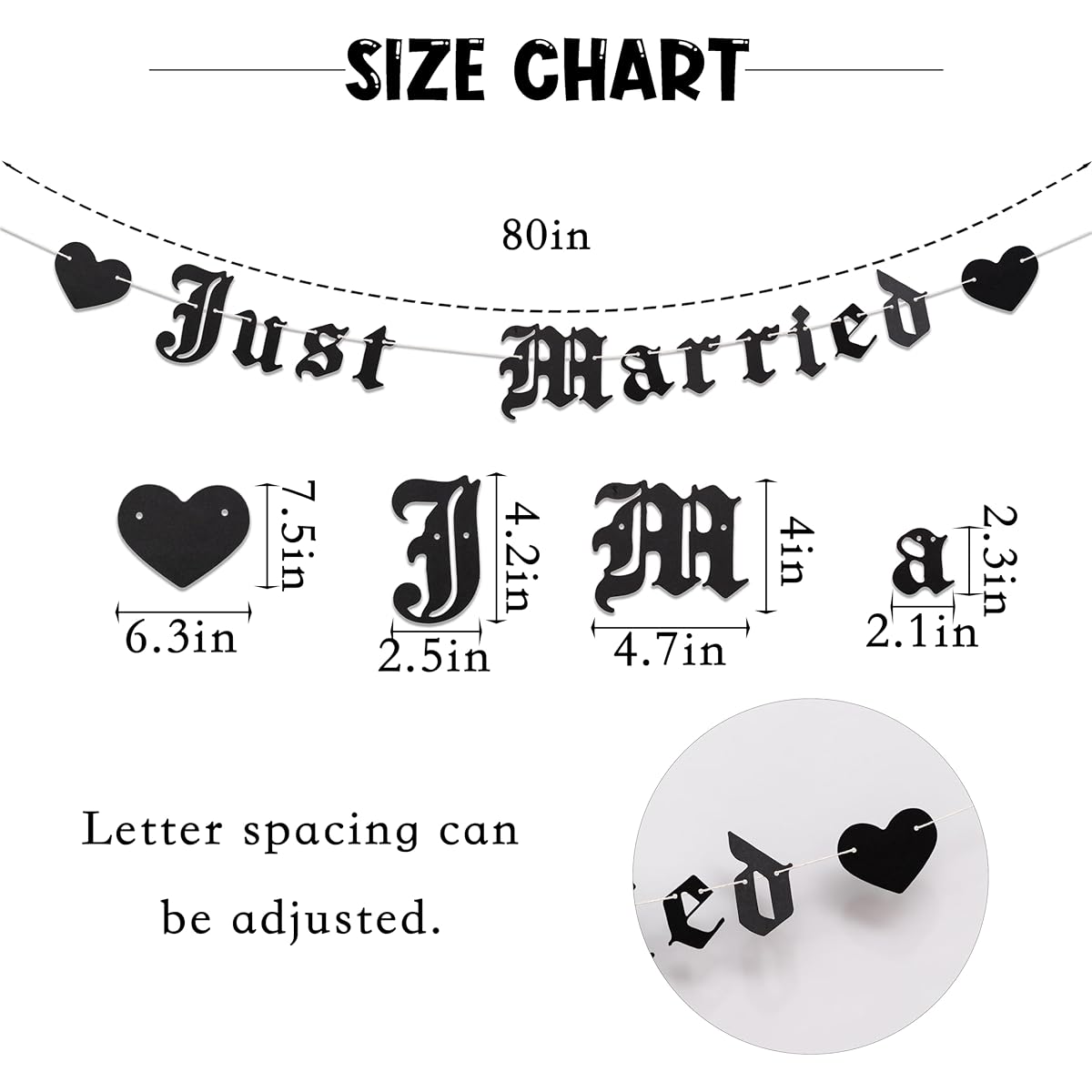 Vgaruint Just Married Gothic Wedding Banner, Goth Wedding Party Decorations, Emo Party Decor, Dark Alternative Heavy Metal Letter Garland (Gothic Marriage Banner)