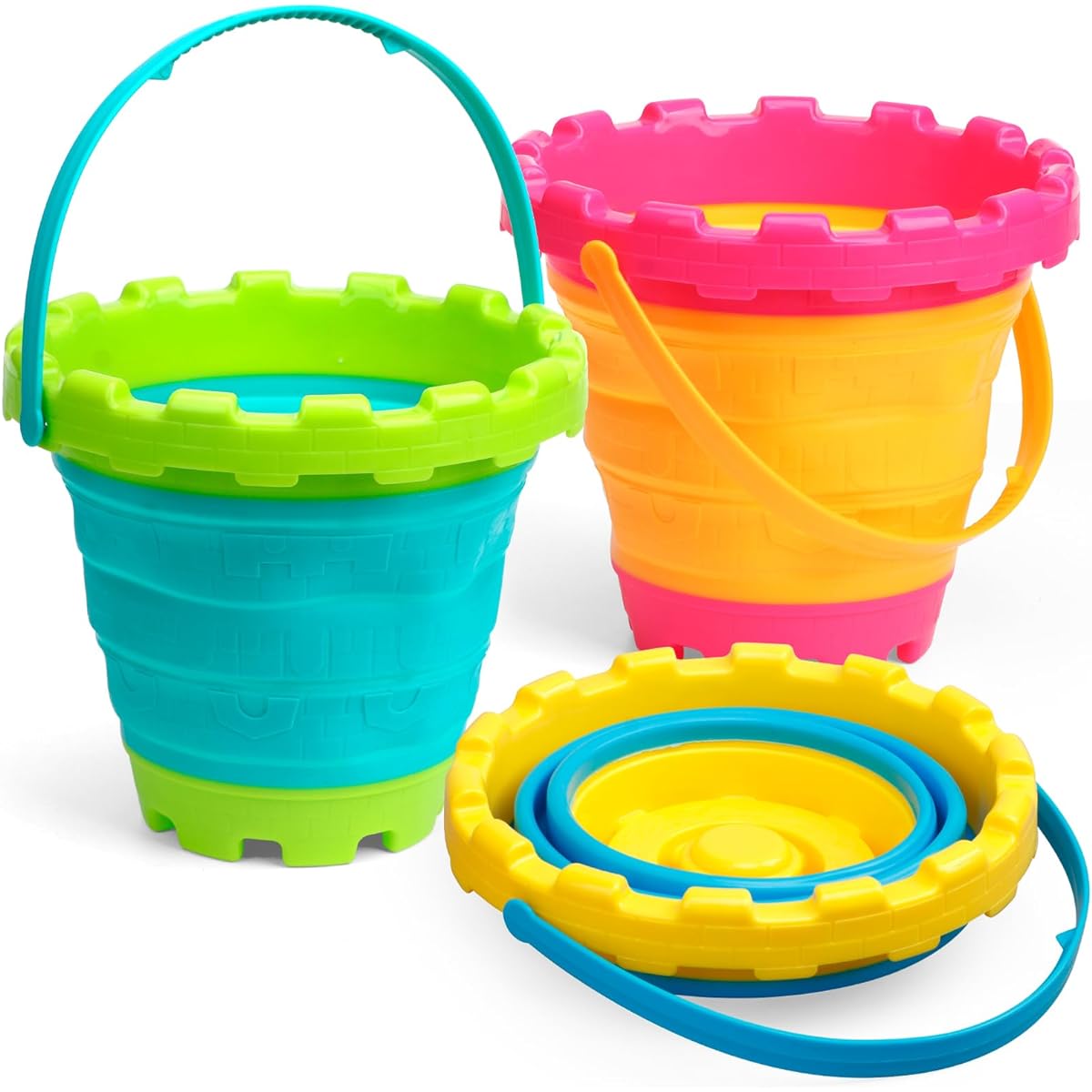 Jumbo Beach Sand Bucket Toy, 3L Foldable Sandbox Pail for Kids, Easter Bucket, Multipurpose Tool, Garden, Planting, Camping, Storage Fishing, Laundry, Summer Vacation, Travel, Birthday Gift, Pack of 3