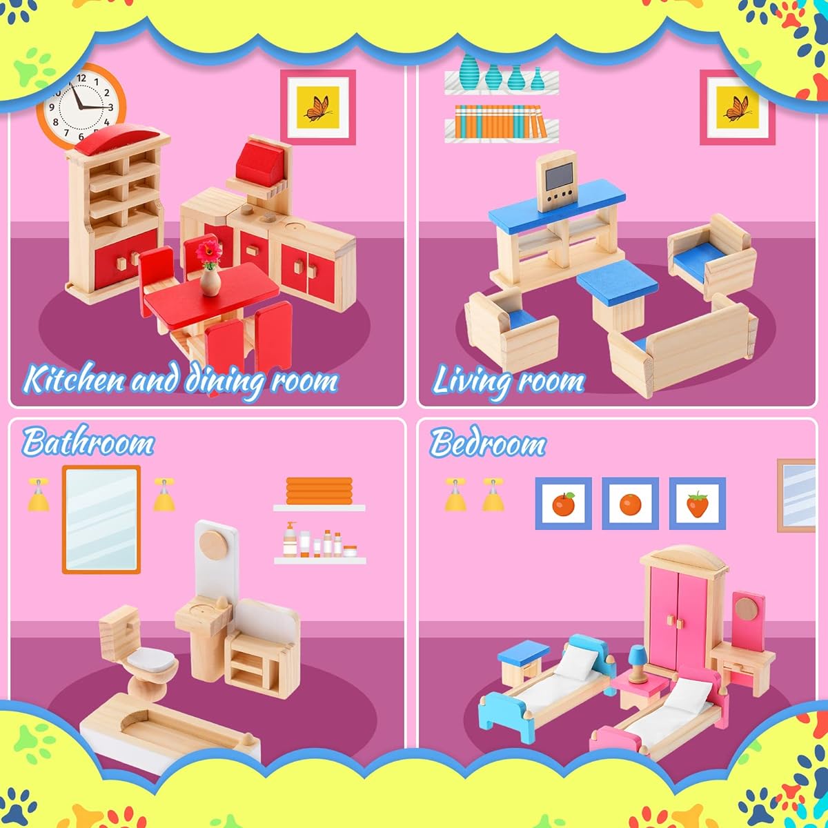 Dollhouse Furniture Wooden Dollhouse Furniture Set Dollhouse Accessories Colorful Playhouse Furniture Miniature Dollhouse Bathroom Living Room Dining Room Bedroom Kitchen 5 Room