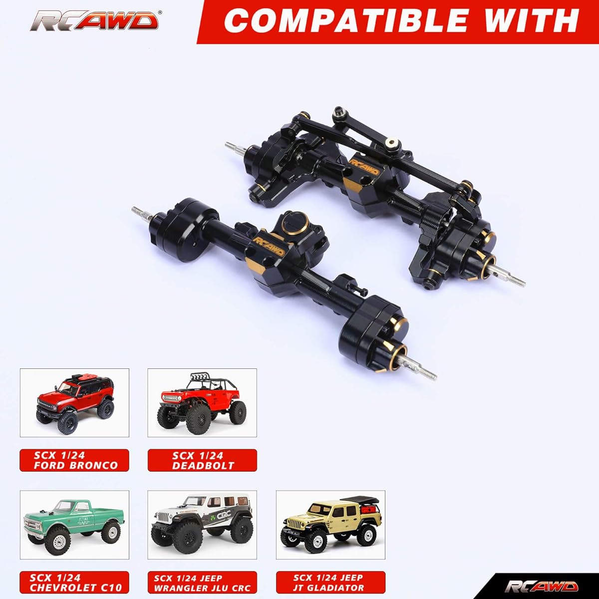 RCAWD SCX24 Heavy Brass Front & Rear Portal Housing Set Axle Brass Gear & Brass Hex - Steel Worm Gear Axial for 1/24 Parts Upgrade
