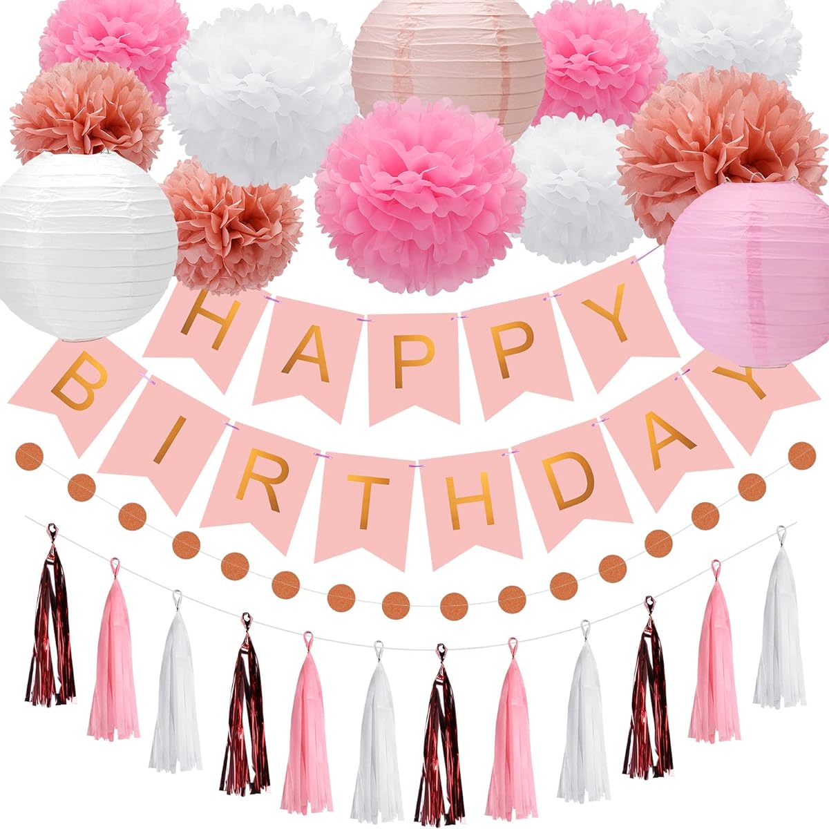 meowtastic Pink Birthday Party Decorations Set, Happy Birthday Banner with Tissue Paper Pom Poms, Tassel Garland, Paper Lanterns and Circle Dot Garland, Pink Rose Gold Birthday Decorations for Women and Girls