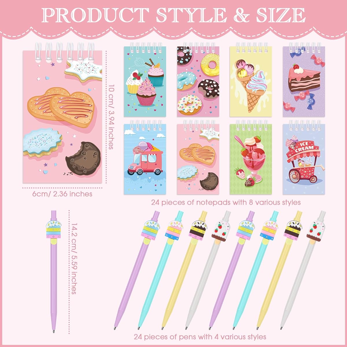 Fulmoon 48pcs Ice Cream Party Favors Mini Ice Cream Spiral Memo Pads with Summer Sweet Gel Cute Donut Pens Giveaway Pinata Bag Fillers Gifts for Kids Birthday School Teacher Classroom Reward Supplies