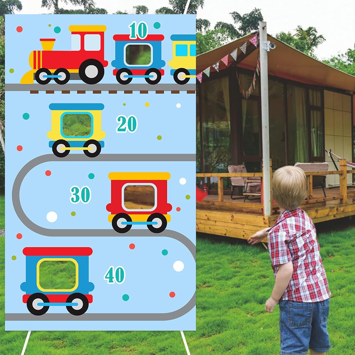 Steam Train Chew 2 Toss Game Banner Backdrop Backdrop Railway Transportation Rhyme Story Theme Decor Indoor Outdoor Boys Girls 1st Birthday Party Baby Shower Supplies