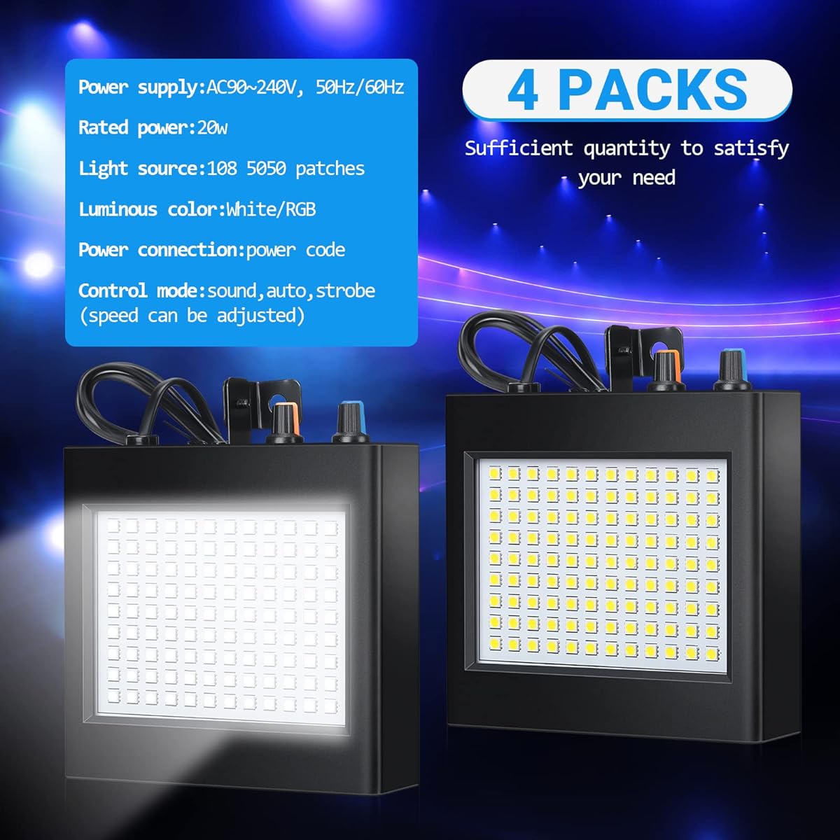 4pcs Strobe Lights White 108 Bright LED Bulbs Party Lights Manual Auto Sound LED Strobe Lights for Party Room Stage Dance Birthday DJ Bar Halloween Christmas Wedding Show