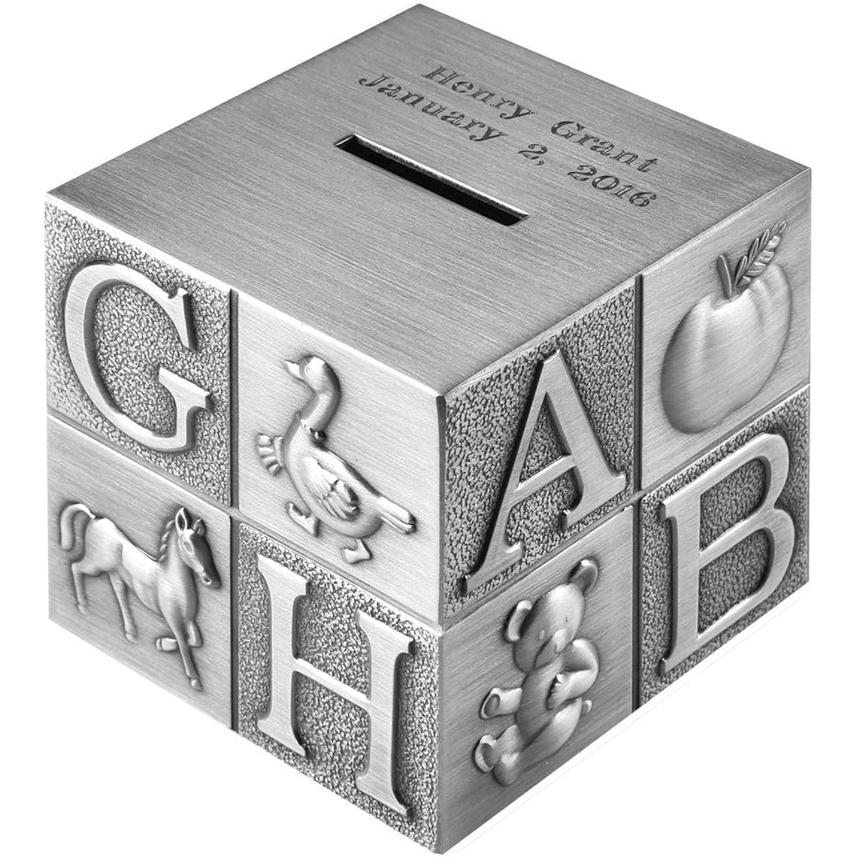 ABC Blocks Custom Engraved Piggy Bank - Brushed Nickel Personalized
