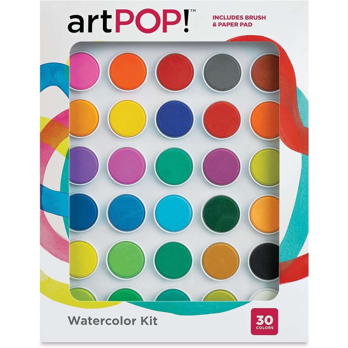 artPOP! Watercolor Kit, Convenient Palette Case with Reclosable Lid, Set of 30 Pressed Watercolor Paper Pads, 8" x 10", Pack of 10, Includes 2 Medium Paint Brushes