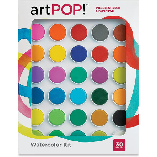 artPOP! Watercolor Kit, Convenient Palette Case with Reclosable Lid, Set of 30 Pressed Watercolor Paper Pads, 8" x 10", Pack of 10, Includes 2 Medium Paint Brushes