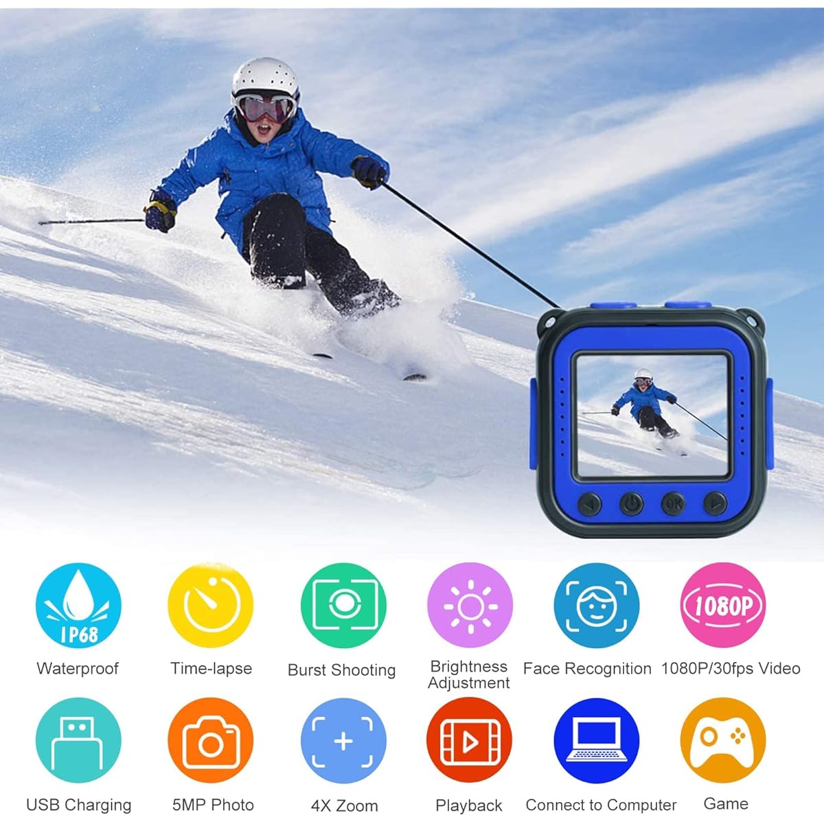 PROGRACE [Upgraded] Kids Waterproof Camera Action Video Digital Camera 1080 HD Camcorder Boys Toy Gifts Build-in Game (Blue)