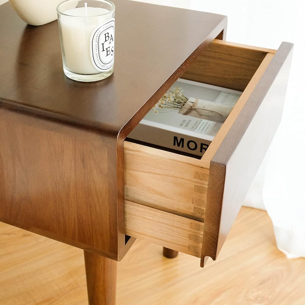 Cozeelife Side Table, Cabinet, Night Table, Oak Wood, 1 Drawer, Wooden, Oak, Easy to Assemble, Next to the Bed, Storage Around the Bed, Scandinavian, Stylish, Modern, Walnut Color, Width 35cm x Depth 40cm x Height 50cm