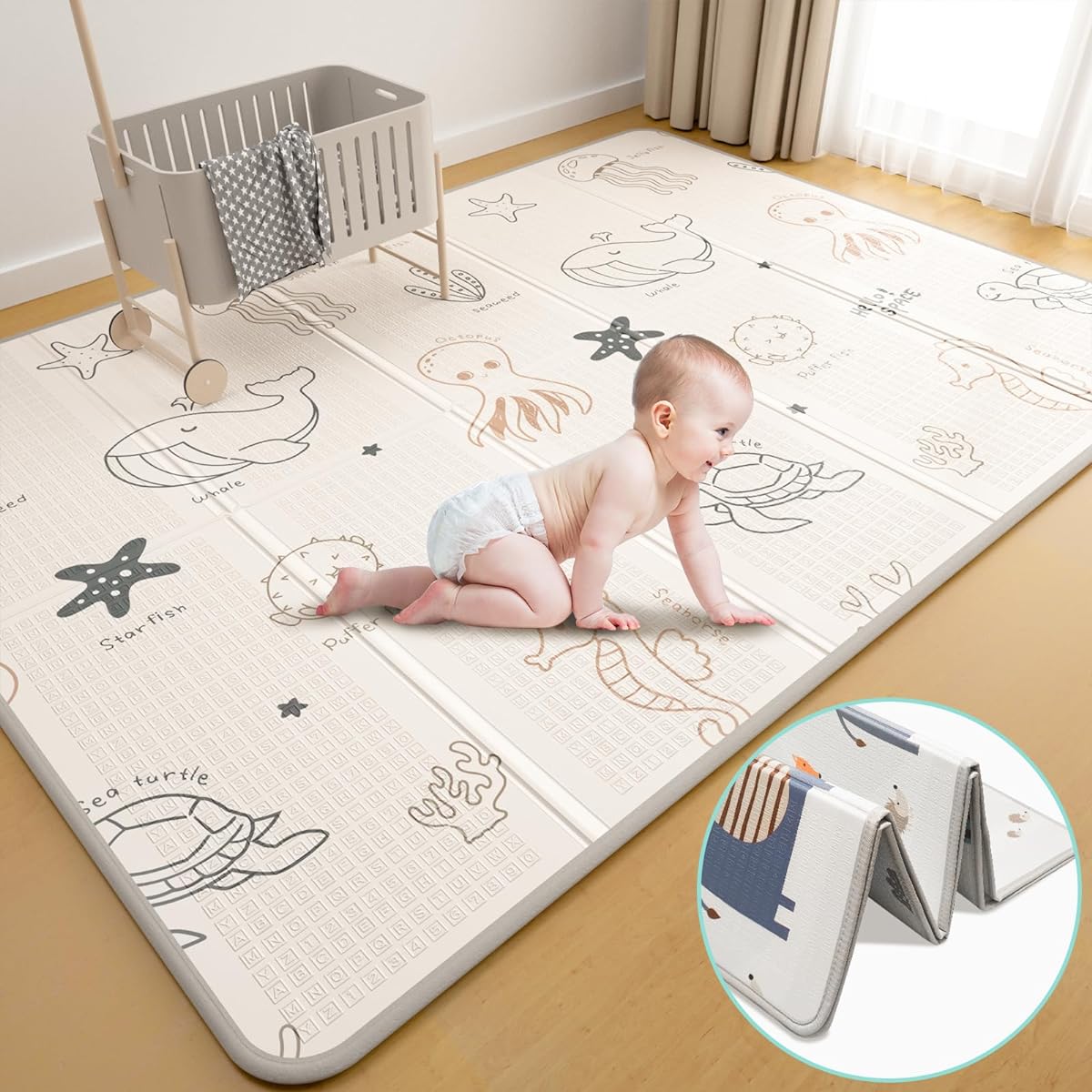 Foldable Baby Play Mat XPE Foam Baby Gym and Play Mat Non-Toxic Material, Extra Large Size 200x150cm (Ocean World)