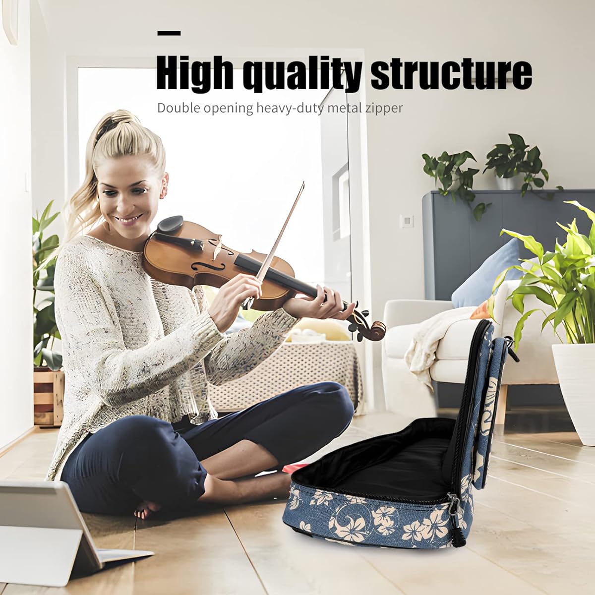MUINS Ukulele Bag 21 23 26 Ukulele Case Thick Padded for Soprano Concert Tenor Uke with Double Adjustable Straps and Handles (23 Blue Flowers)