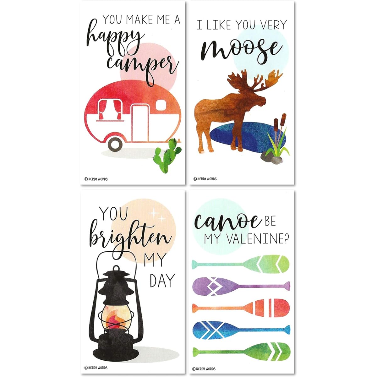 Nerdy Words Mini Camping Moose Lantern Camper Canoe Paddle Valentine Set of 24 Wallet Size Cards Valentine's Day