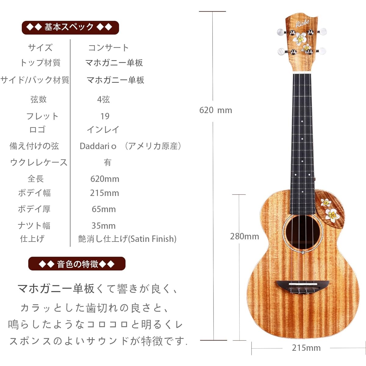 Riobo Ukulele Beginner Set Plumeria Concert Size Hawaii Ukulele Mahogany Wood Single Plate Ukulele