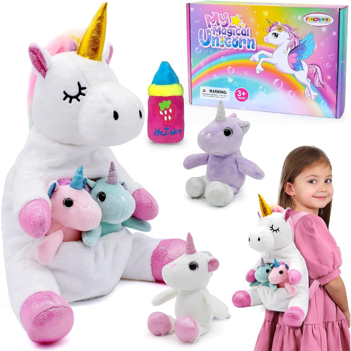 FUNCREVITY Unicorn Plush Toy, Unicorn Stuffed Animal, Mummy Unicorn with 4 Babies, Valentine's Day, Christmas, Birthday Gift, Girl, Kids Toy, Ages 4, 5, 6, 7, 8+