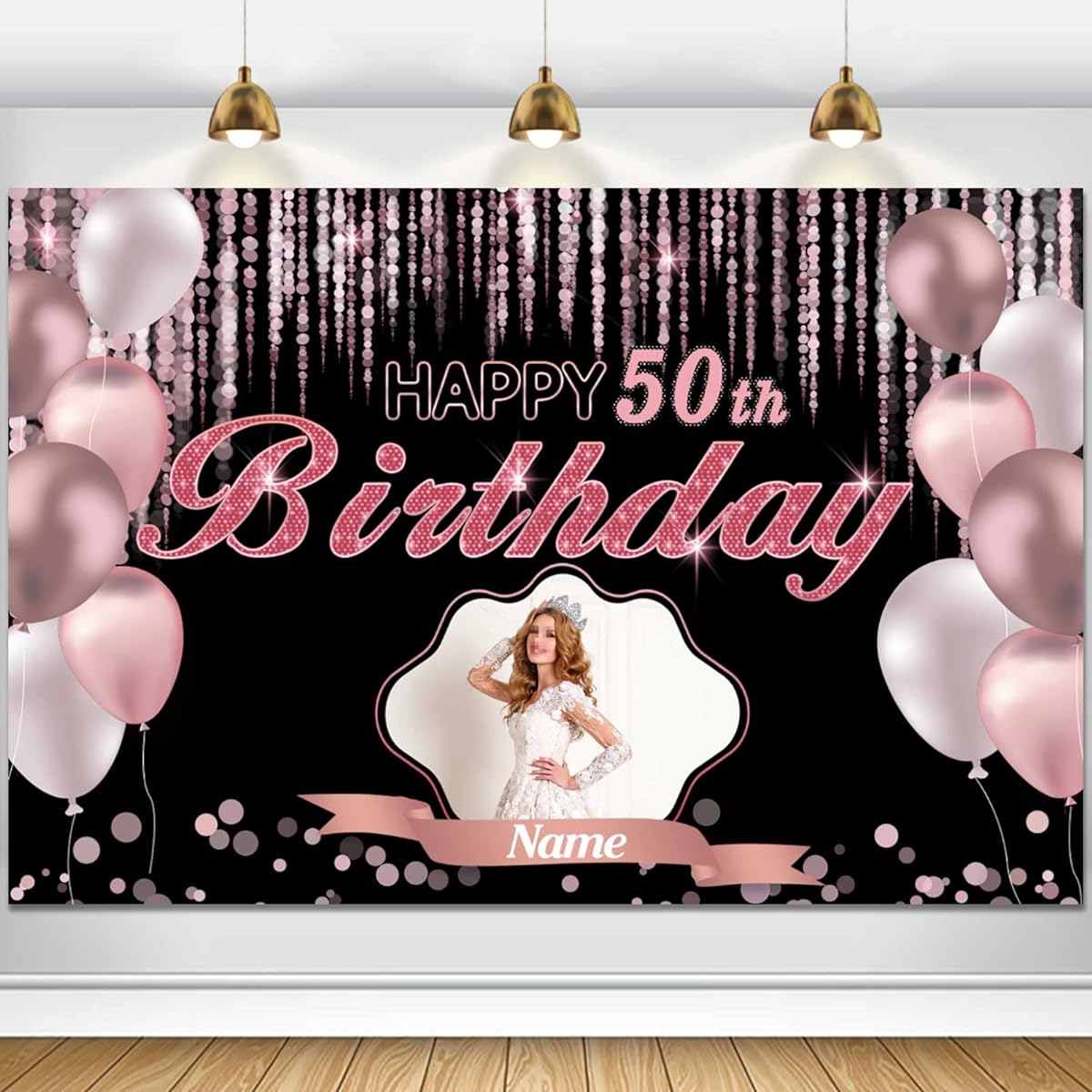 Custom Rose Gold Happy 50th Birthday Decorative Banner - Large Size - Customizable with Name and Photo