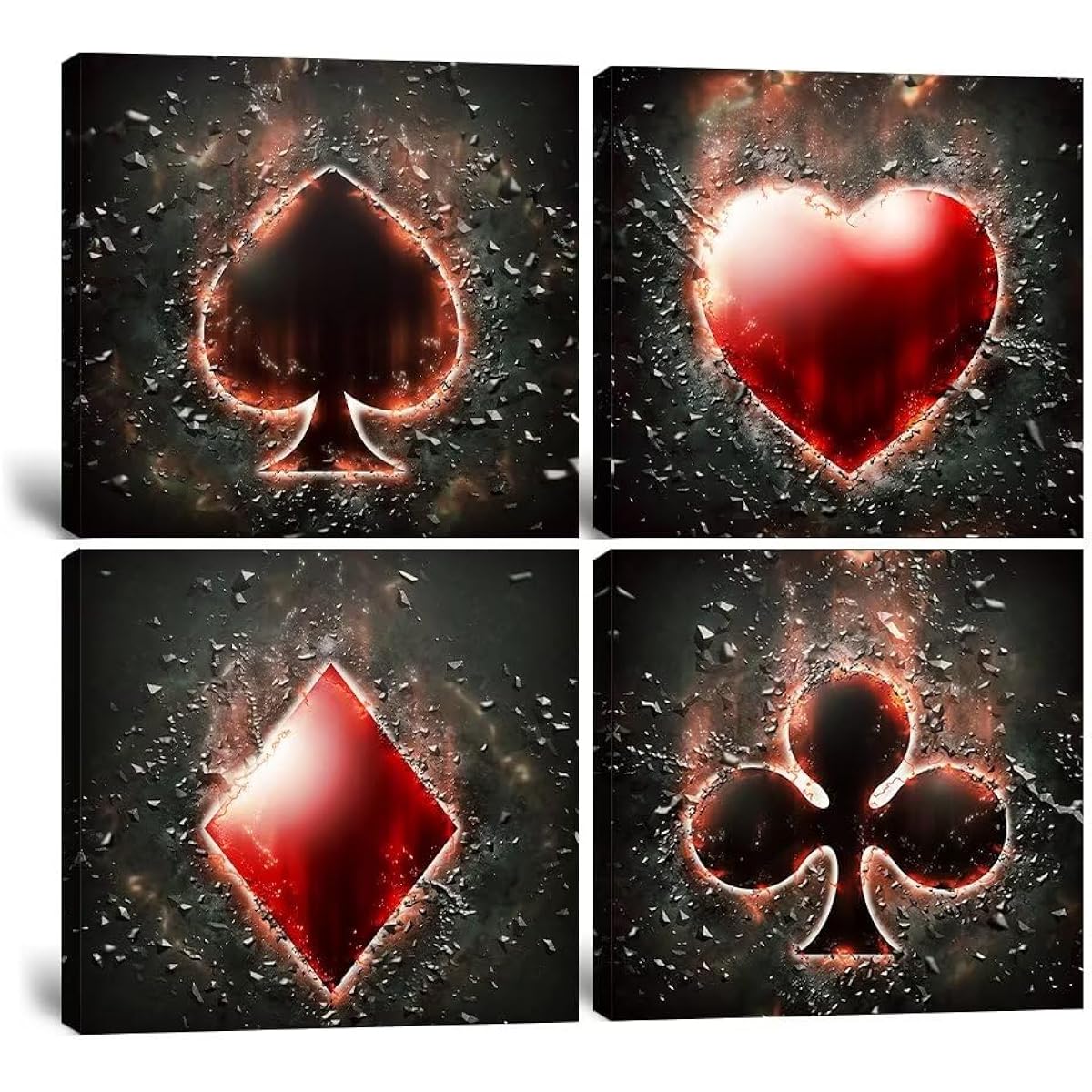 Heatsprits Playing Cards Wall Art Casino Game Room Poker Painting Black and Red Wall Decor Diamonds Spades Clubs Hearts Pattern Pictures for Club Office Bar Hotel Playroom Home (16"W x 16"H x 4")