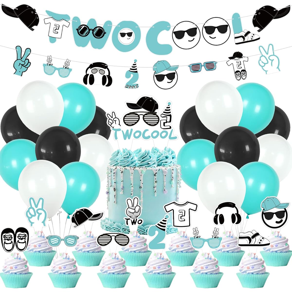 32 Pieces 2 Cool Birthday Party Decorations Cute 2nd Birthday Decorations for Boys Stylish Little Man 2nd Boy Birthday Decorations Set with Theme Banner Cake & Cupcake Toppers Balloons