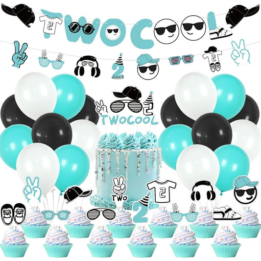 32 Pieces 2 Cool Birthday Party Decorations Cute 2nd Birthday Decorations for Boys Stylish Little Man 2nd Boy Birthday Decorations Set with Theme Banner Cake & Cupcake Toppers Balloons
