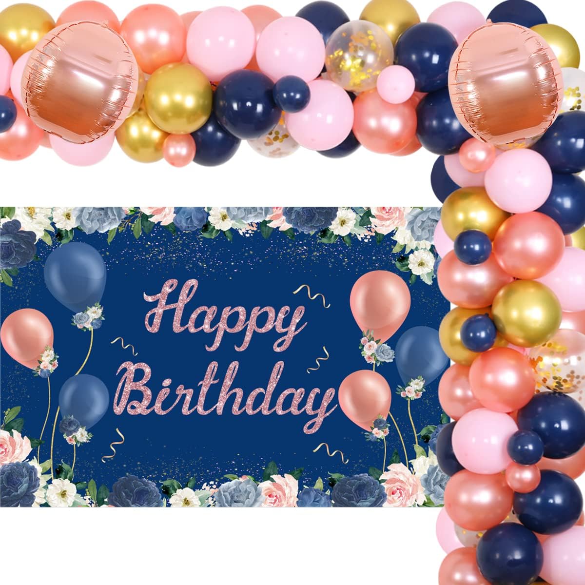 Navy Blue and Rose Gold Birthday Decorations - Girls/Women/Birthday Party Decorations Pink Navy Blue Birthday Confetti Balloon Kit Unique Design Navy Blue Happy Birthday Backdrop