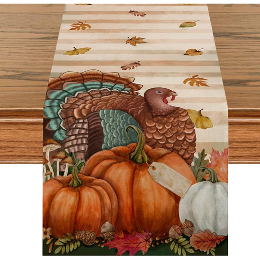 Auomily Fall Stripes Table Runner 13 x 72 Inch Thanksgiving Thanksgiving Turkey Pumpkin Decor Fall Vintage Farmhouse Maple Leaf Kitchen Dining Table Runner for Outdoor Indoor Home Party Decor