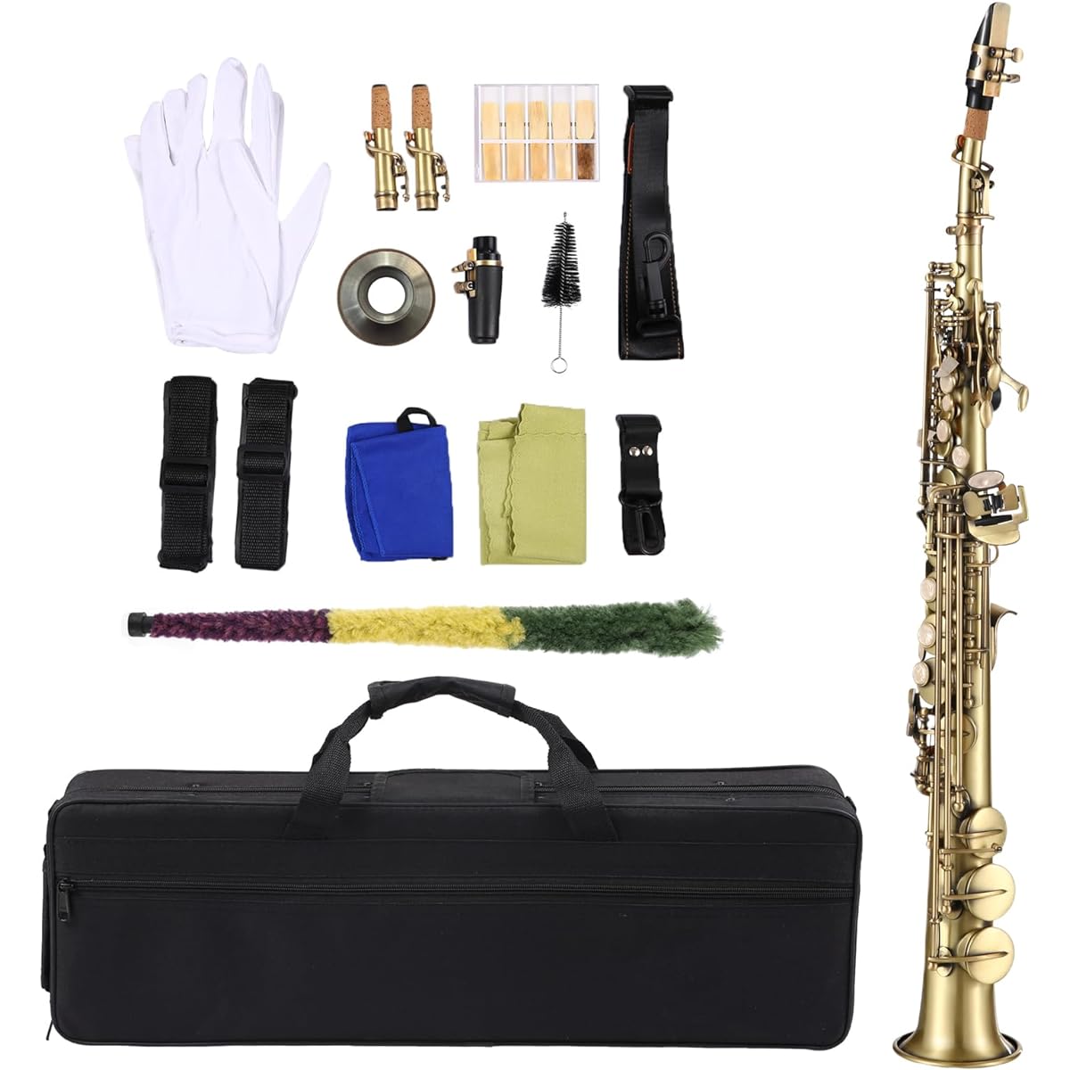 Btuty Professional Brass Straight Bb Soprano Saxophone Nickel Plated Saxophone Woodwind Instrument Engraved Pattern Mouthpiece Reed Cleaning Kit with Carrying Case Gloves Strap Brush