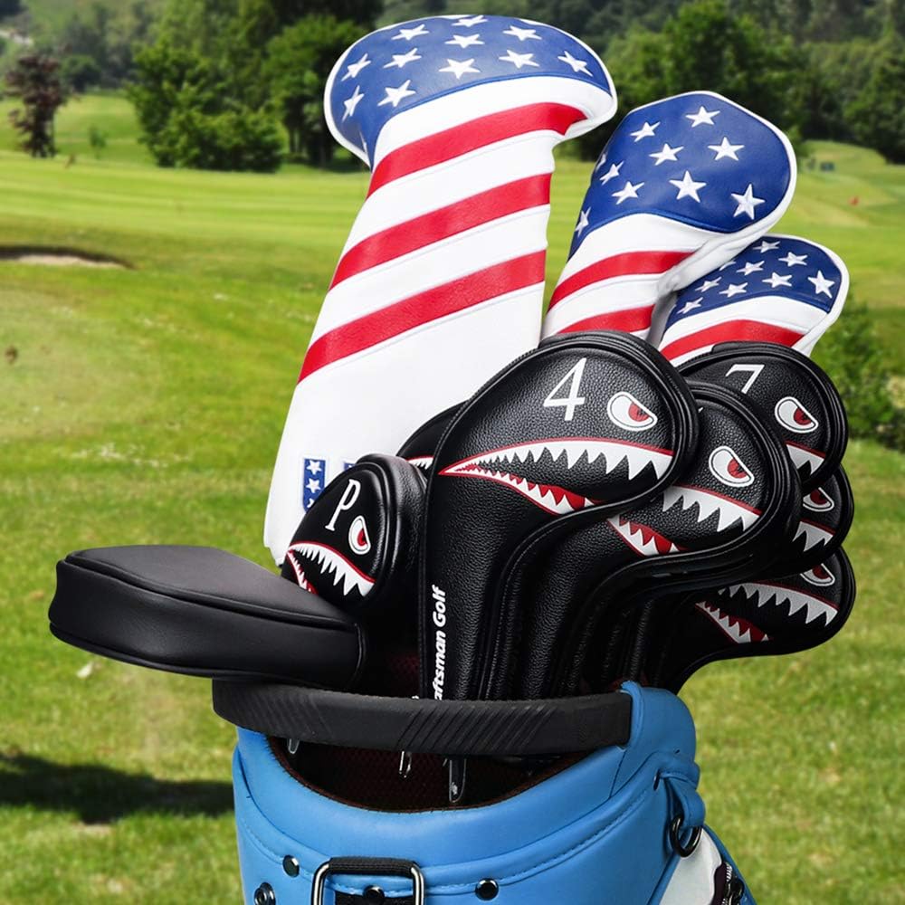 CRAFTSMAN Golf iron cover head cover set, 10 pieces, 4-9, P, A, S, L, numbers on both sides, for both left and right hands, shark pattern, long neck, fastener closure, synthetic leather, black