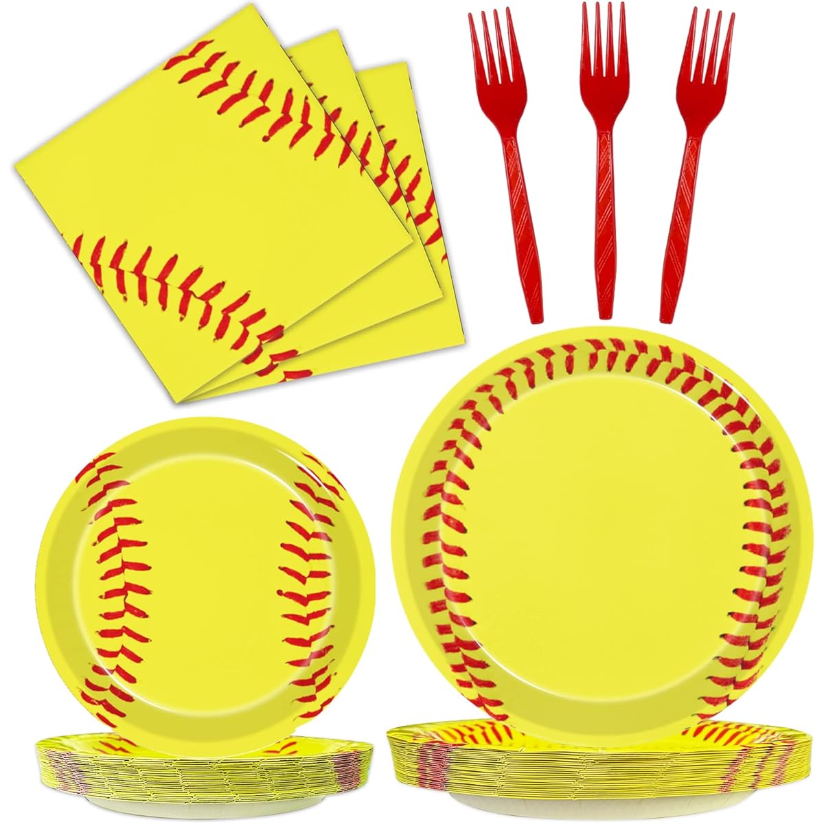Kepeel 96pcs Softball Birthday Party Supplies, Softball Theme Party Paper Plates, Napkins, Forks, Favors, Decorations, Softball Tableware for Kids, Serves 24 Guests