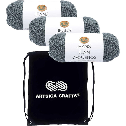 Lion Brand Knit Yarn Jeans Vintage 3 Skeins Factory Pack (Same Dye Lot) 505-150 Bundle with 1 Artsiga Crafts Project Bag