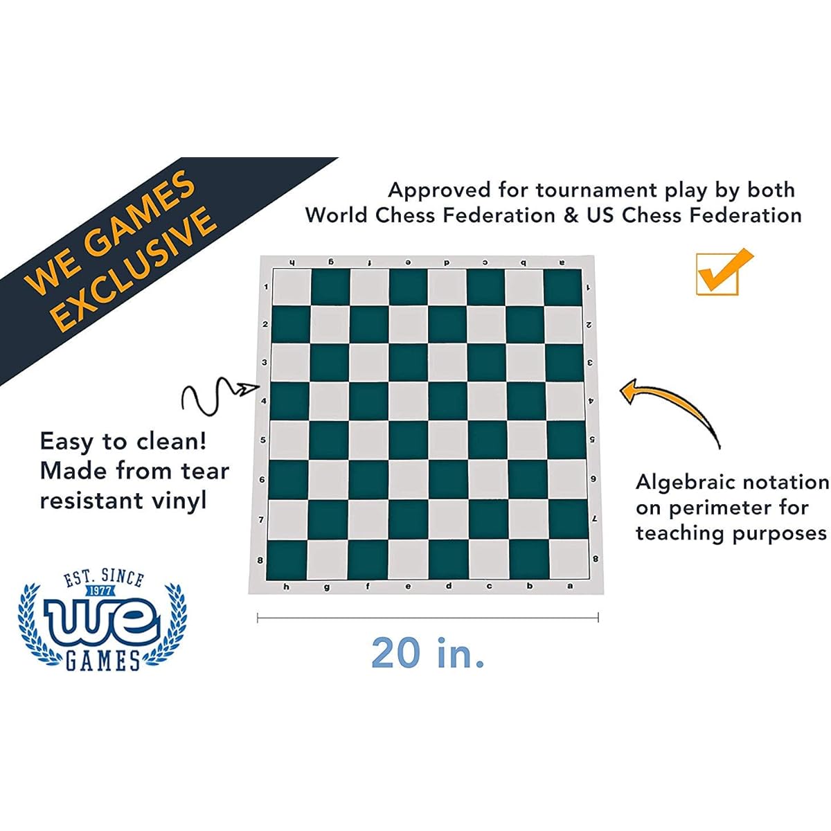 WE Games Tournament Roll-Up Chess Board - Vinyl with Green Squares