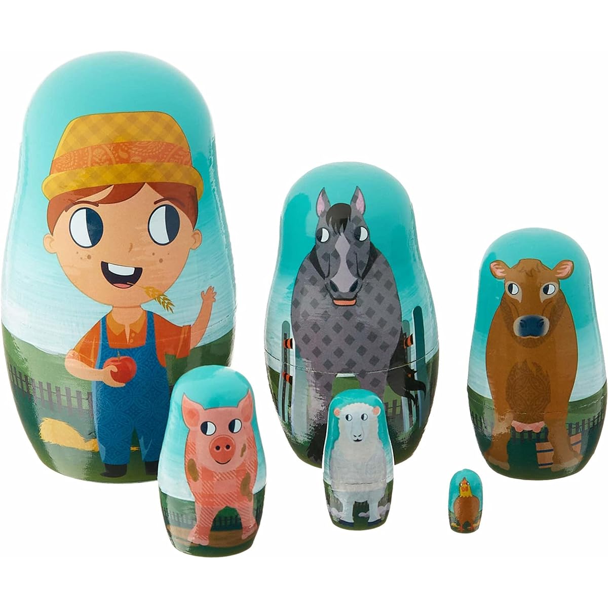 Barnyard Nesting Dolls - Stackable Wooden Outdoor Farmhouse Animal Dolls - Small Cute Kids Toys for Early Work and Nature Learning - Includes Farmer, Horse, Cow, Pig, Sheep, Chicken
