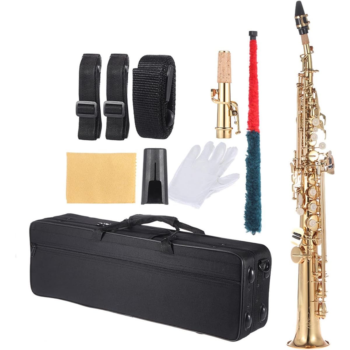 Bulaned Brass Straight Soprano Saxophone Saxophone Bb B Flat Woodwind Instrument Natural Shell Key Engraving Pattern Carrying Case with Gloves Cleaning Cloth Strap Cleaning Rod