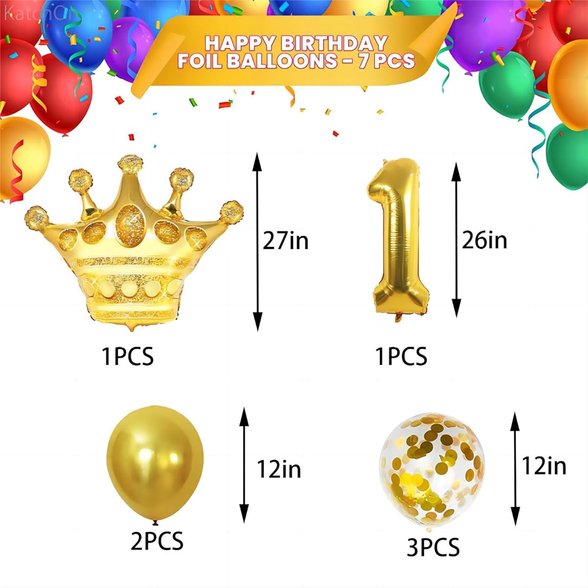1st Birthday Balloons, 7 Piece Crown Foil Balloons Set, 1 Gold Balloon, 1st Birthday Decorations, Gold Number 1 Mylar Balloon for Boys and Girls