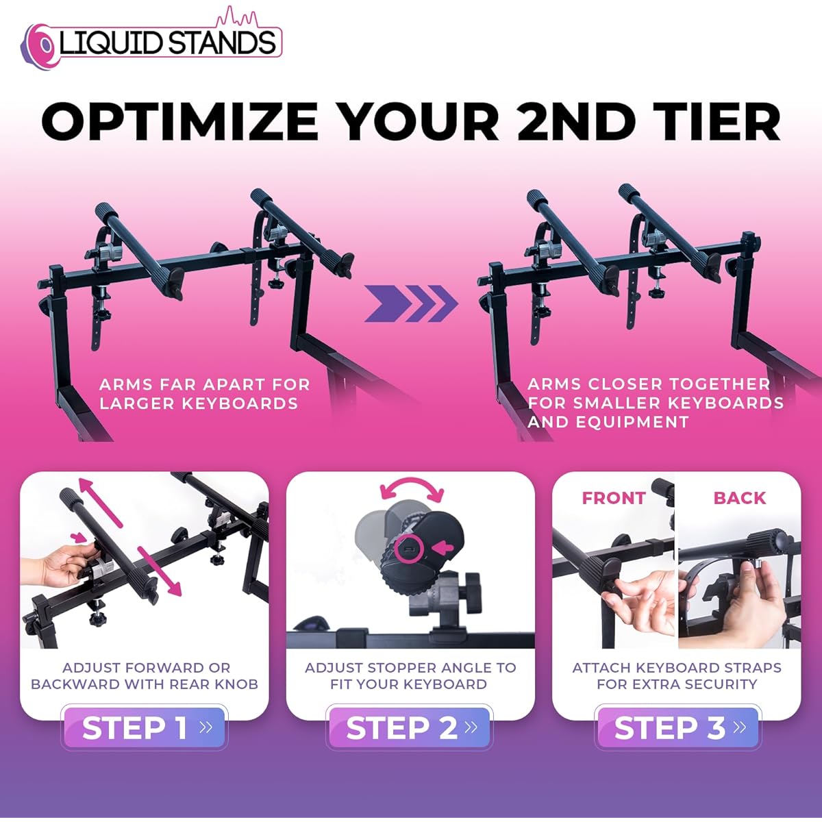Liquid Stands - 2 Tier Keyboard Stand with Straps - Adjustable Electric Digital Piano Stand for 54-88 Key Keyboards and Music Synthesizers - Double Two Tier Keyboard Stand for Square Z Tube Stands