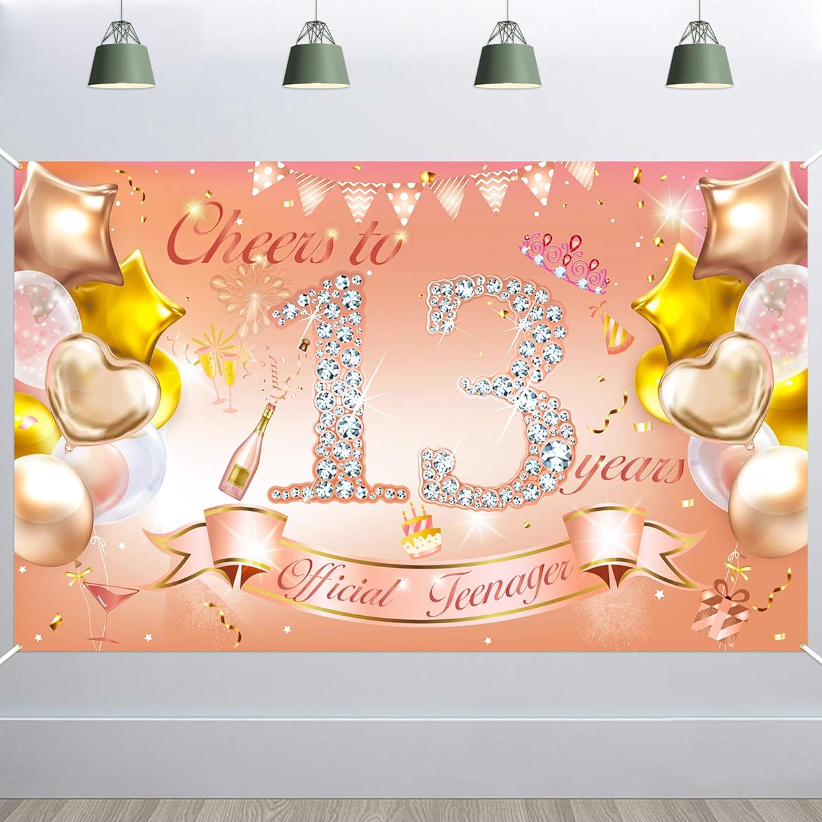 HOWAF Official Teenager Girl 13th Birthday Party Decorations, Rose Gold Fabric Banner, 13th Birthday Photo Backdrop for 13th Birthday, Outdoor Garden Table and Wall Decor