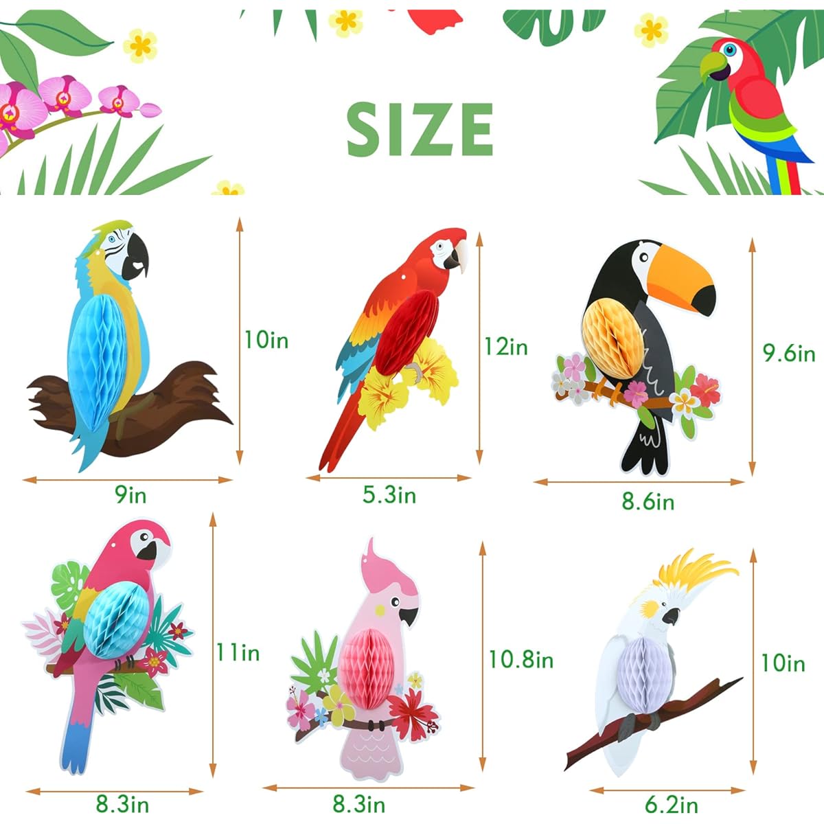 Fontien 6 Pieces Parrot Honeycomb Party Decoration Tropical Bird Honeycomb Hawaiian Luau Jungle Party Decoration Summer Beach Tiki Bar Party Party Home Classroom Supplies